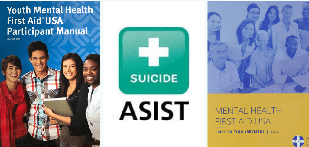 Images of the Youth Mental Health First Aid USA Participant Manual; the ASIST logo; Mental Health First Aid USA manual.